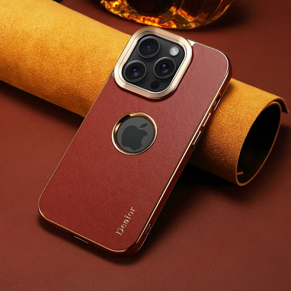 DENIOR iPhone 14 Pro Plånboksfodral Electropläterad Äkta Läder Maroon
