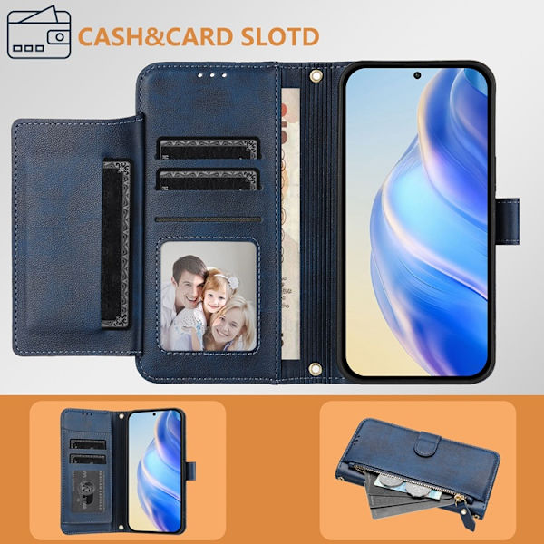 OnePlus 15 Plånboksfodral Zipper Pocket Multiple Konstläder Blå