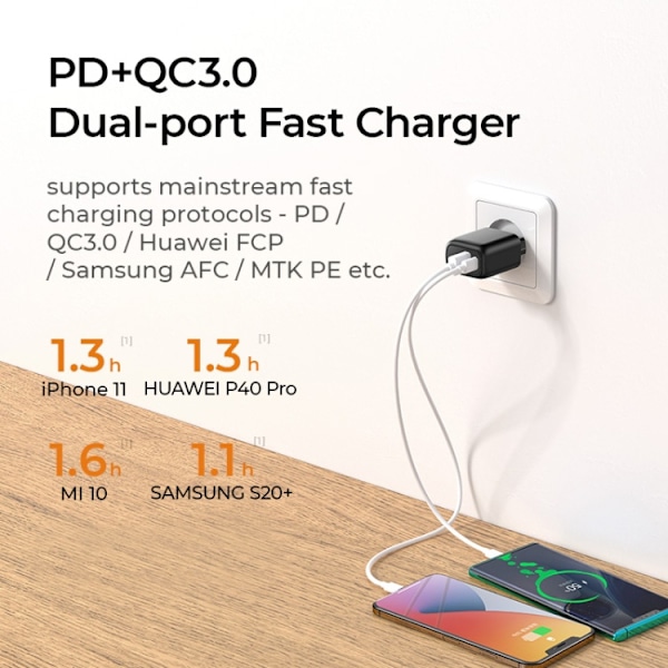 SiGN Snabbladdare USB & USB-C, PD 3.5A, 20W - Vit