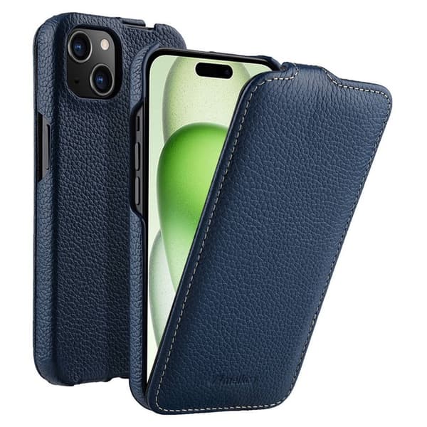 MELKCO Mobilskal till iPhone 15 Plus Vertikalt Flip Äkta Läder + PC - Blå