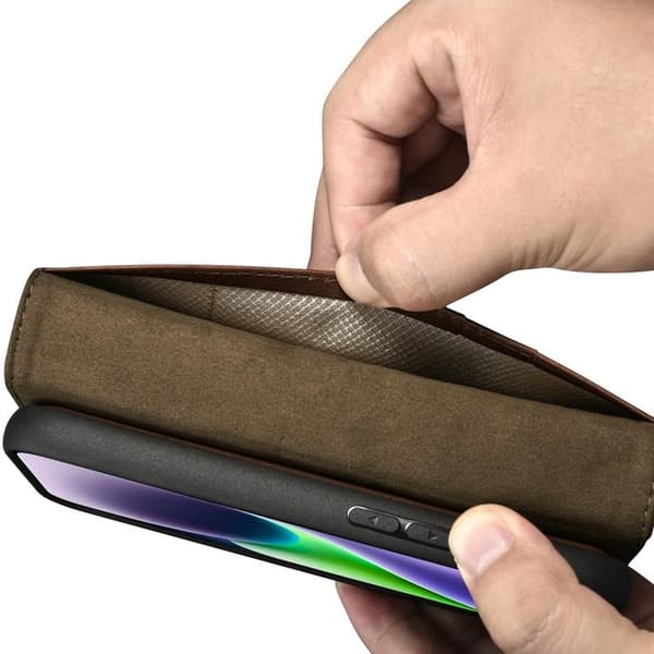 iCarer iPhone 14 Plus Plånboksfodral 2in1 Äkta Läder Anti-RFID - Mörkbrun Brun
