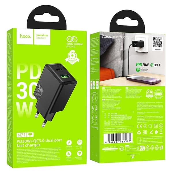Hoco Snabbladdare PD 30W USB-A USB-C QC3.0 AFC 3A N71 - Svart