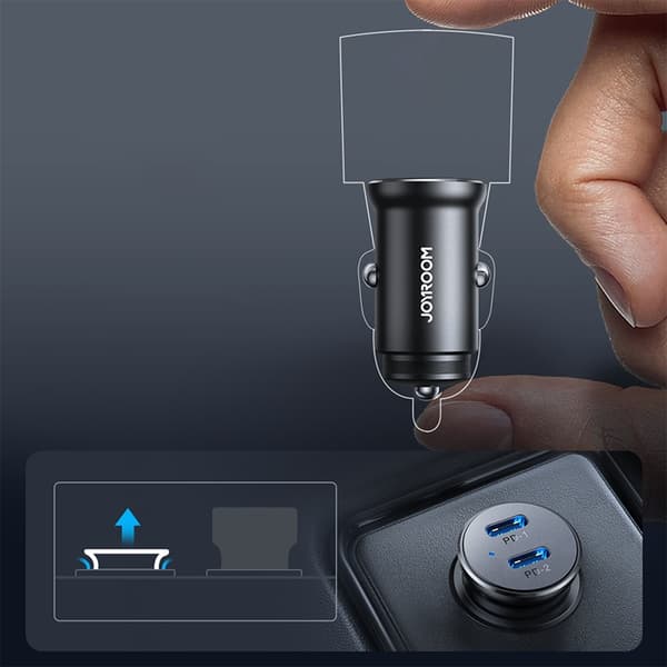 Joyroom Mini Metall Billaddare 30W 2x USB-C - Musta Black