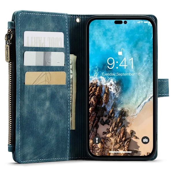 CASEME Konstläder Plånboksfodral för iPhone 14 Pro Max med rem - Blå