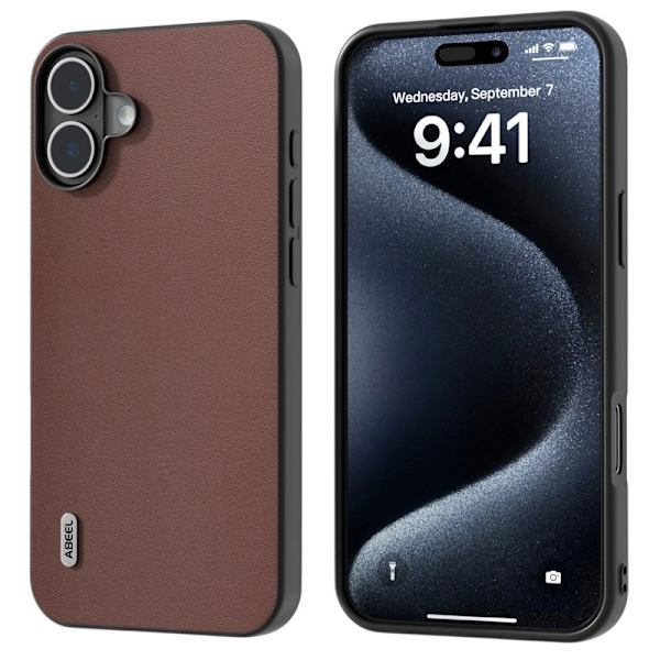 ABEEL Mobilskal till iPhone 16 Plus Äkta Läder + PC + TPU Skydd - Brun