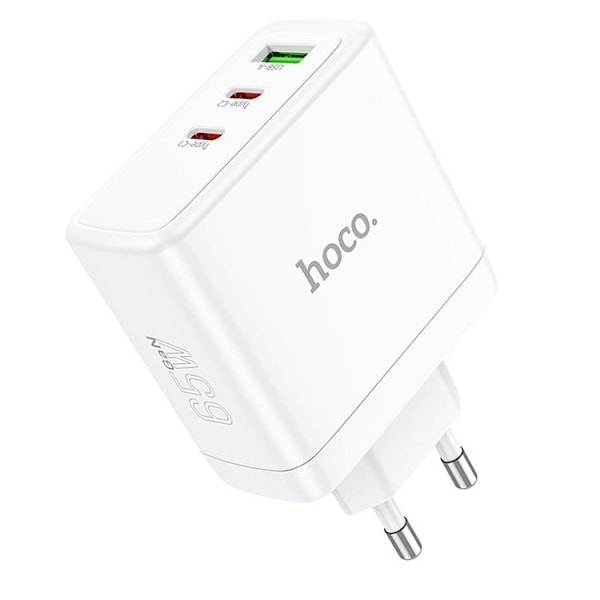 Hoco Väggladdare 2 x Type C + USB A 65W GaN - Vit
