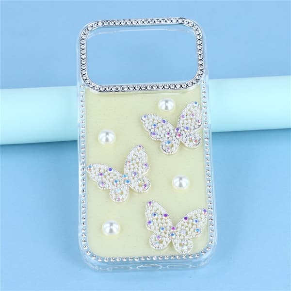 Mobilskal till iPhone 17 Pro Rhinestone Edge Pearl Butterfly Gul