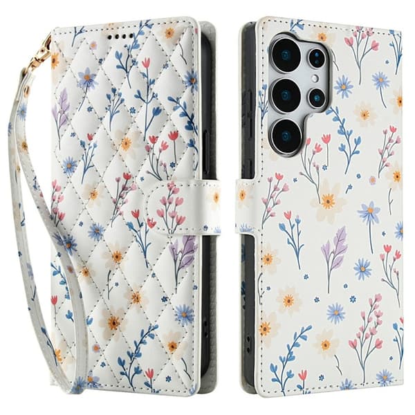 Galaxy S25 Ultra Plånboksfodral Rhombic Floral A2 Vit