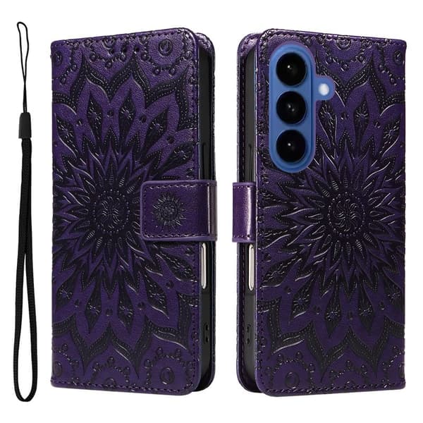 Samsung Galaxy S26 / S26 Pro Plånboksfodral Konstläder Solrostryck - Lila