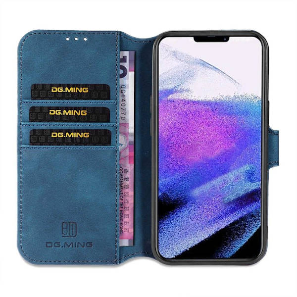 DG.MING iPhone 14 Pro Max Konstläder Plånboksfodral Retro Stil Magnetisk Blå