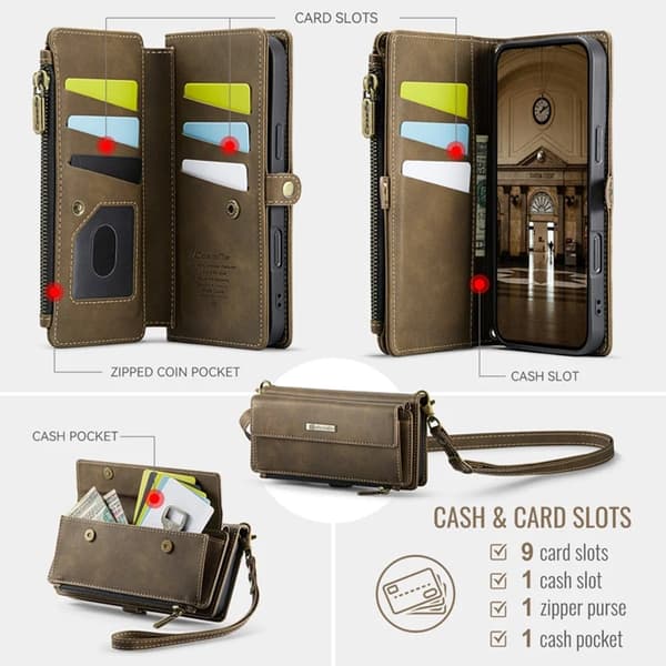 Caseme iPhone 16 Pro Konstläder Plånboksfodral RFID-Skydd Zipper - Brun