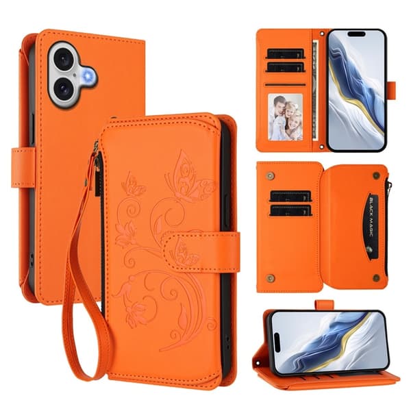 iPhone 17 Plånboksfodral Butterfly Floral Imprint - Orange Orange