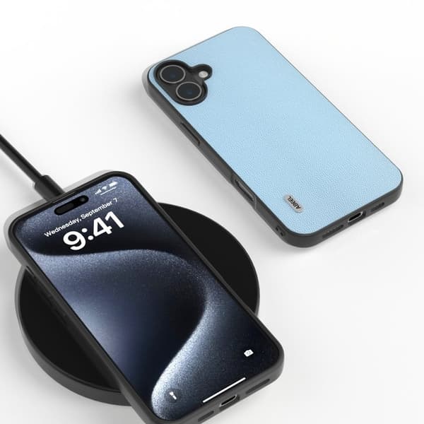 ABEEL Mobilskal till iPhone 16 Plus Äkta Läder Coated PC+TPU - Ljusblå