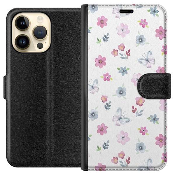 Pungcover til Apple iPhone 14 Pro Max med Blomster og sommerfugle