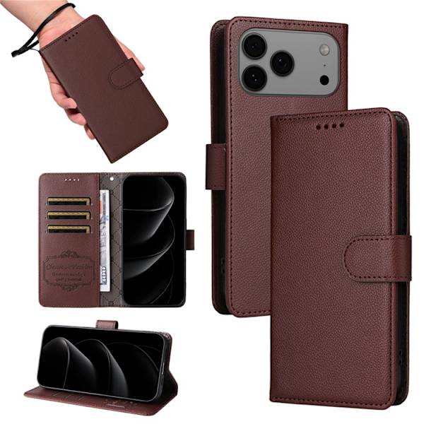 iPhone 17 Pro Max Plånboksfodral RFID Blocking med Handledsrem Brun