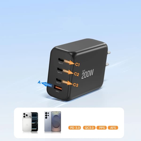 Tech-Protect 4-ports hurtigoplader 200W QC3.0 NC200W-GAN Svart