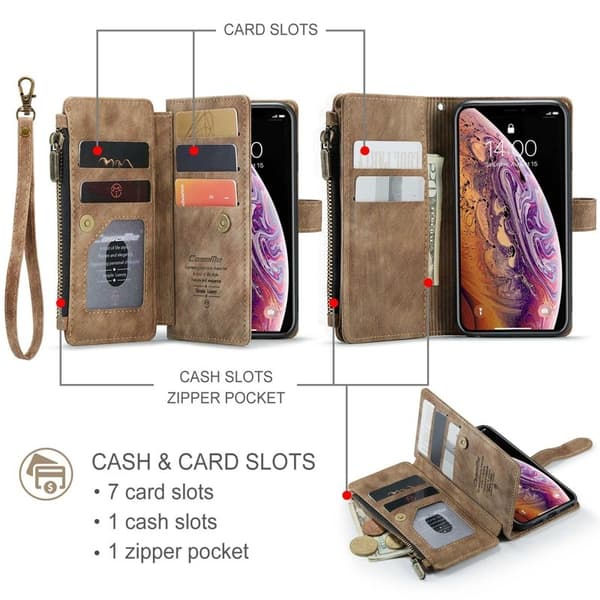 CASEME C30 Plånboksfodral för iPhone X/XS med rem, brun Konstläder