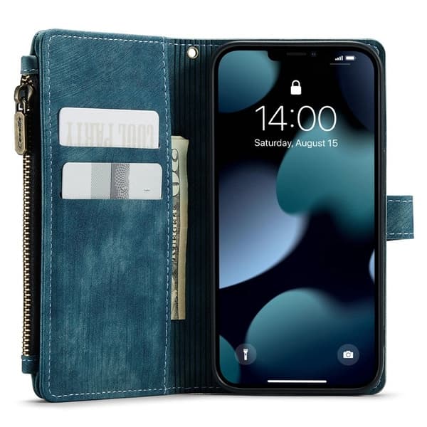 CASEME Konstläder Plånboksfodral för iPhone 13 Pro med Rem - Blå