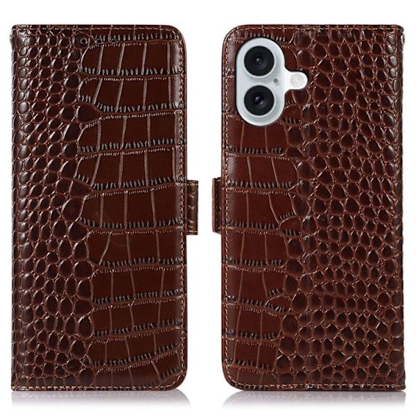 iPhone 17 Plånboksfodral Äkta Läder Crocodile - Brun Brun