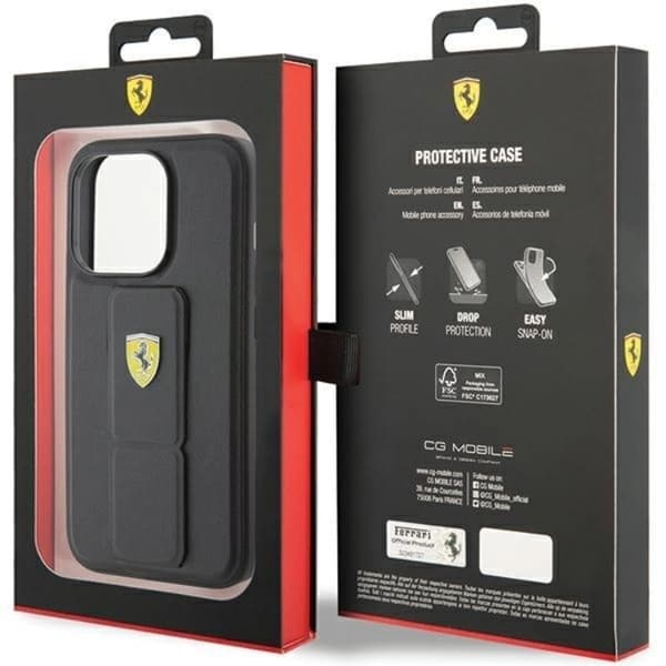 Ferrari Telefontaske til iPhone 15 Pro Grip Stand Metal Logo - Sort Black
