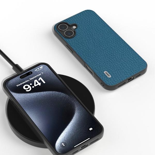 ABEEL Mobilskal till iPhone 16 TPU + Äkta Läder Skydd - Blå Blå