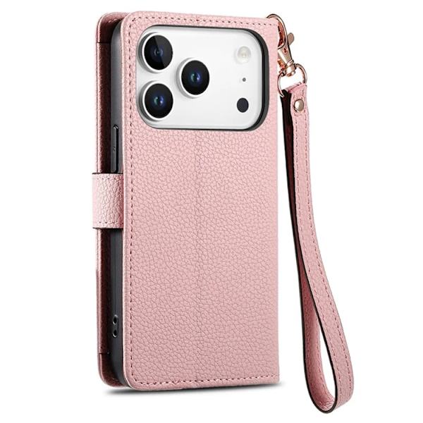 iPhone 17 Pro Max Konstläder Plånboksfodral RFID-Skydd Zipper med rem - Rosa Rosa
