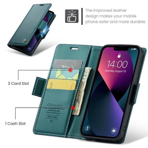 CASEME Plånboksfodral Konstläder till iPhone 15 RFID-Skydd - Grön