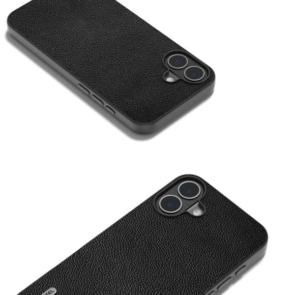 ABEEL Mobilskal till iPhone 16 Litchi Textur Äkta Läder Hybrid Svart