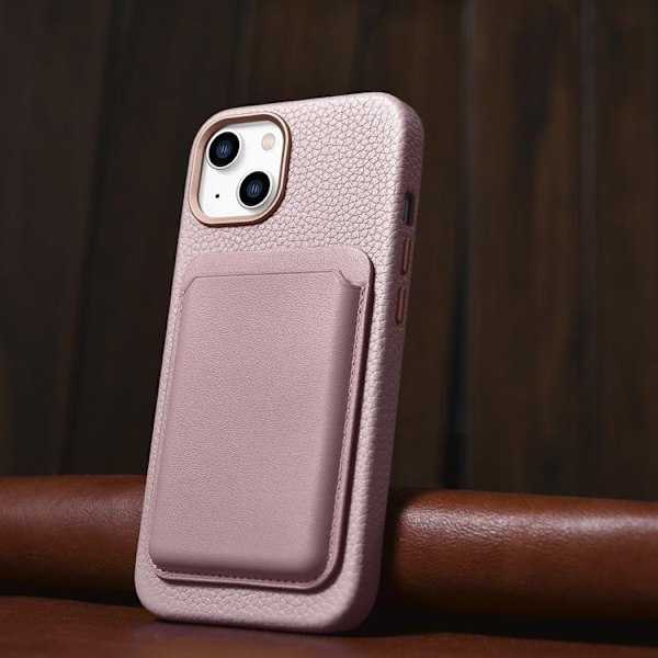 iCarer iPhone 14 Plus Skal Magsafe Äkta Läder Litchi Premium - Rosa