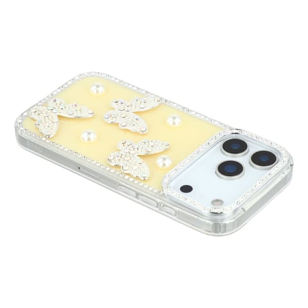 Mobilskal till iPhone 17 Pro Rhinestone Edge Pearl Butterfly Gul