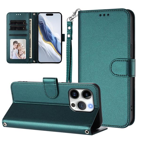 iPhone 15 Pro Max Plånboksfodral Läder med Handledsrem - Grön Grön