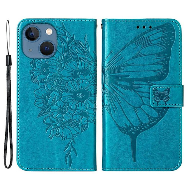 iPhone 14 Plus Plånboksfodral Butterfly Flower Imprinted - Blå Blå