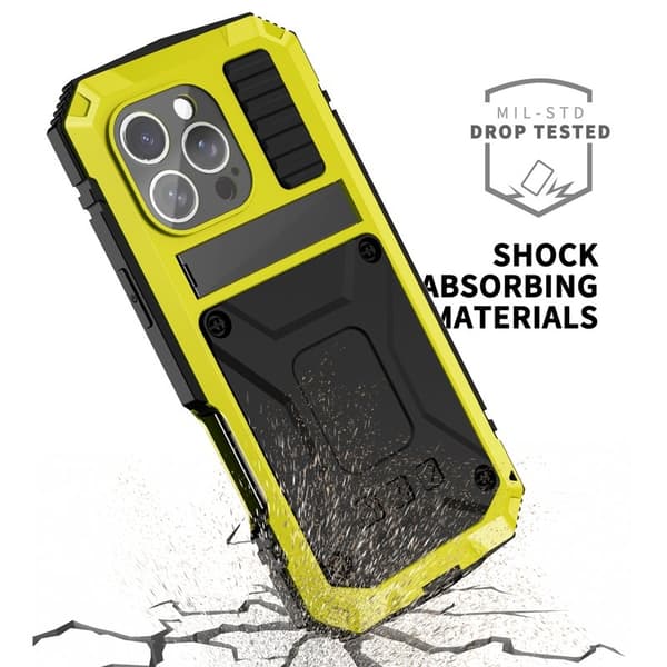 R-JUST Mobilskal till iPhone 16 Pro PC+Silicone+Metal Ställ - Gul