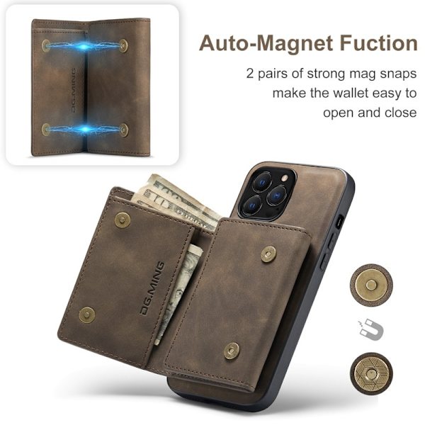 DG.MING iPhone 16 Pro Konstläder Plånboksfodral Kickstand Brun