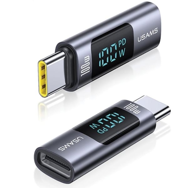 USAMS USB-C till USB-C Adapter 100W med Display - Stål