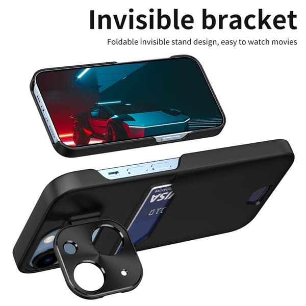 iPhone 14 Plus Skal Korthållare Linsram Kickstand - Svart Svart
