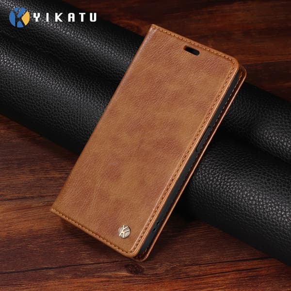 YIKATU OnePlus 15 Plånboksfodral Litchi Closure Konstläder Brun