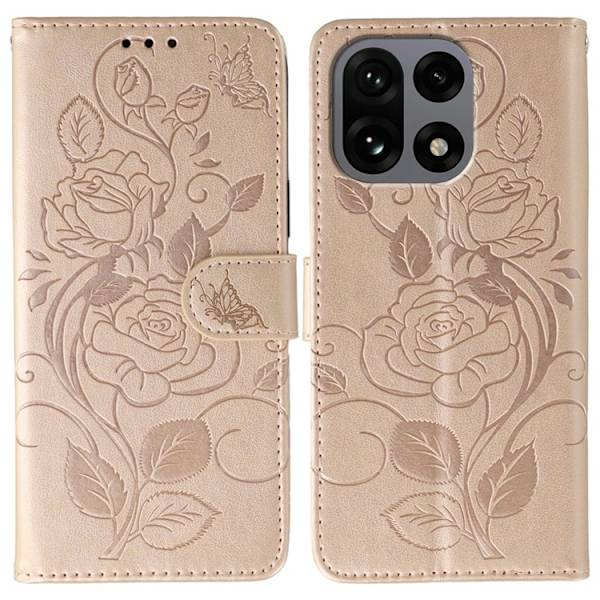OnePlus 15 Konstläder Plånboksfodral Imprinted Rosa Butterfly Roséguld