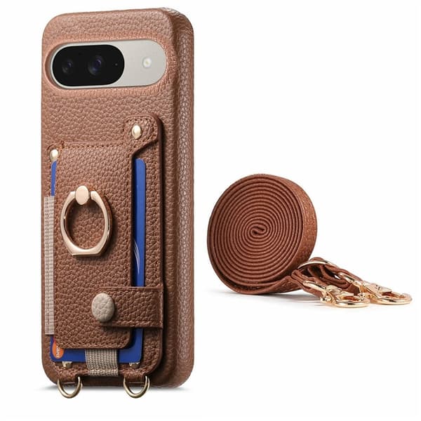Mobilskal till Google Pixel 10/10 Pro med Korthållare Ring Kickstand - Brun Brun