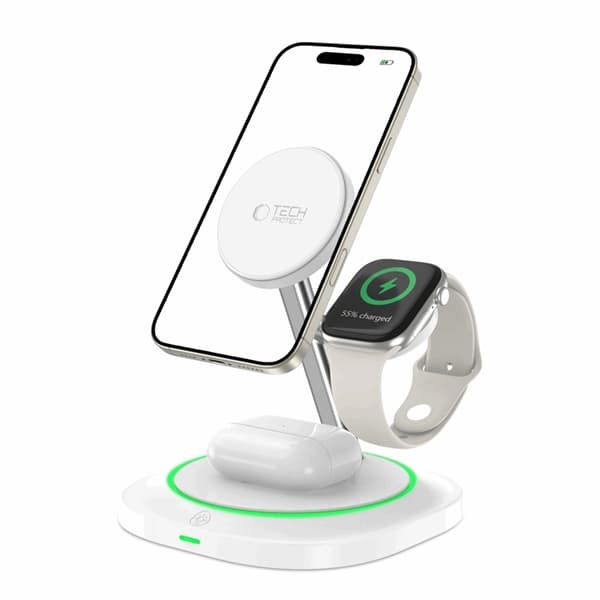 3-i-1 Magsafe trådløs oplader til iPhone Apple Watch AirPods Qi 15W Vit