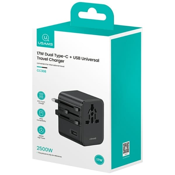 USAMS Rejseopladeradapter CC308 2xUSB-C 17W 4-i-1 US/AU/EU/UK - sort