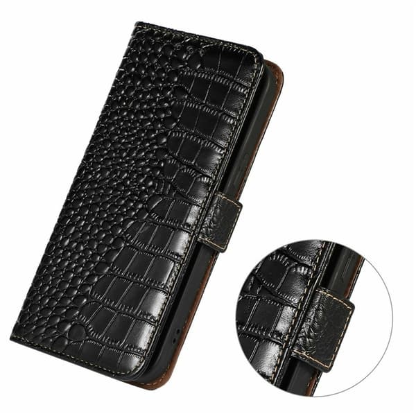 iPhone 17 Plånboksfodral Äkta Läder Crocodile - Svart Svart