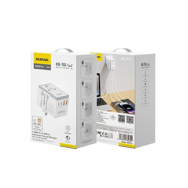 Dudao Reseadapter 65W 2x USB-C 2x USB-A A65Pro - Vit Vit