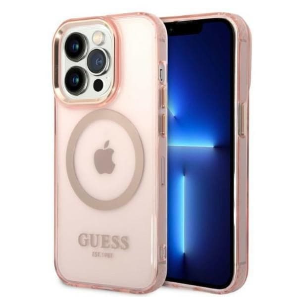 GUESS iPhone 14 Pro Skal MagSafe Gold Outline Translucent - Rosa Rosa
