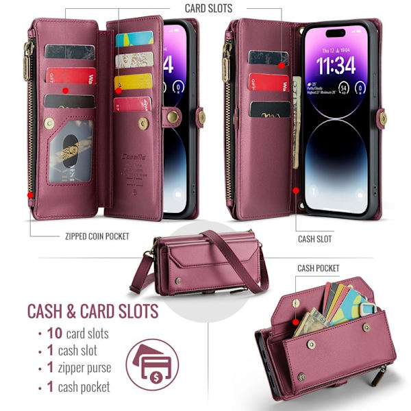 CASEME Plånboksfodral Konstläder för iPhone 14 Pro Max - Vinröd