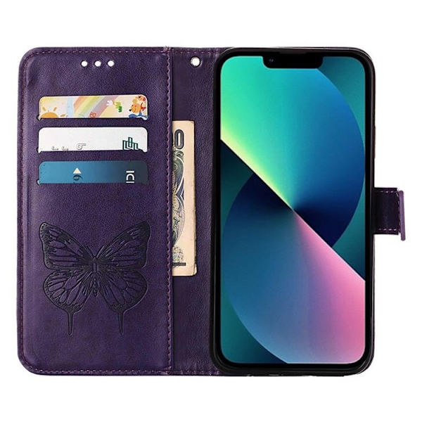 iPhone 14 Plus Plånboksfodral Butterfly Flower Imprinted - Lila