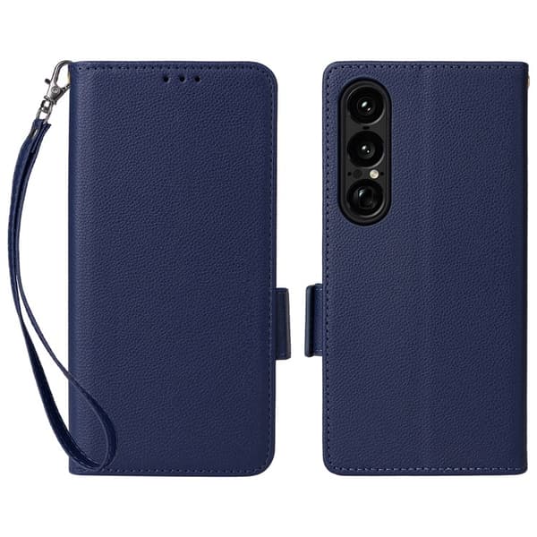 Sony Xperia 1 VII Plånboksfodral Litchi Texture Med Rem Blå