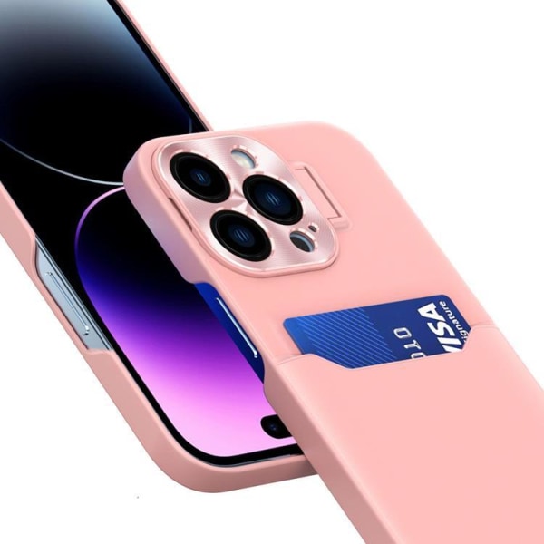iPhone 14 Plus -suojuskorttipidike, nahkainen jalusta - vaaleanpunainen