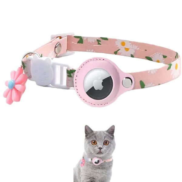 Airtag Shell Flower Print Cat Collar PU Anti-Lost - Pink