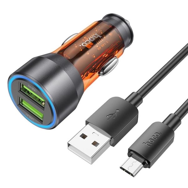 Hoco-autolaturi 2x USB-C/USB-A kaapelilla - oranssi/läpinäkyvä